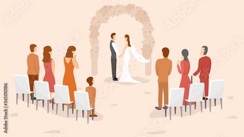 Micro wedding with a small number of participant. Small wedding in the garden in orange theme with bride and groom holding hands. Vector illustration, Flat design