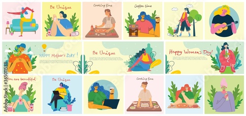 Women activities backgrounds. Women doing yoga, cooking, reading and working concept in the flat style