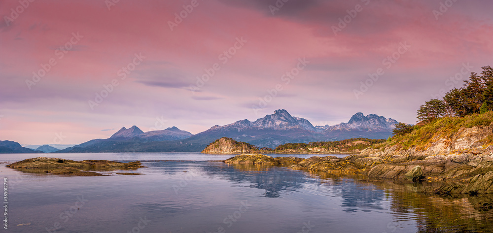 Panoramic view over beautiful sunset at Ensenada Zaratiegui Bay in Tierra del Fuego National Park, Beagle Channel, Patagonia, Argentina, early Autumn