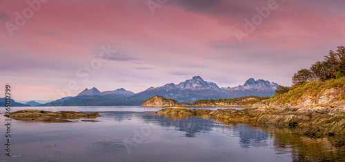 Panoramic view over beautiful sunset at Ensenada Zaratiegui Bay in Tierra del Fuego National Park, Beagle Channel, Patagonia, Argentina, early Autumn