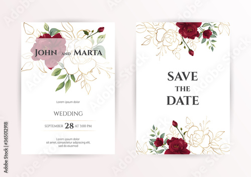 Wedding invitation set of card with red flowers rose, eucalyptus leaves. Floral Trendy templates for banner, flyer, poster, greeting. Vector illustration. eps 10