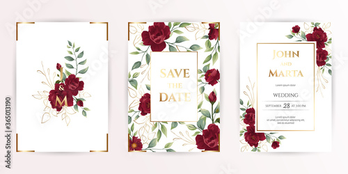 Wedding invitation set of card with red flowers rose, eucalyptus leaves. Floral Trendy templates for banner, flyer, poster, greeting. Vector illustration. eps 10