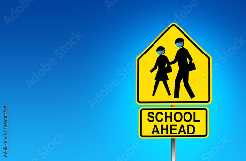 School Zone street sign with face mask wearing due to COVID-19 - Illustration