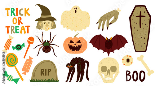 Big collection set of halloween elements isolated on white background. Witch  coffin  skull  bat  spider  ghost  cat  pumpkin  dead hand  eyeball  candy. Flat style drawing. Stock vector illustration