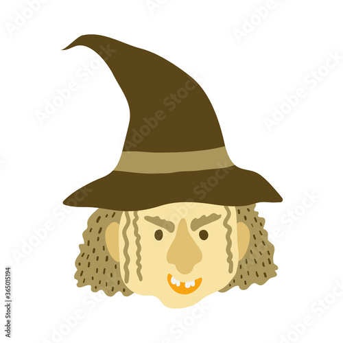 Evil old witch in hat isolated on white background. Grinning face of halloween character. Mean witch head. Spooky magic creature face. Fun design. Flat style drawing. Stock vector illustration.