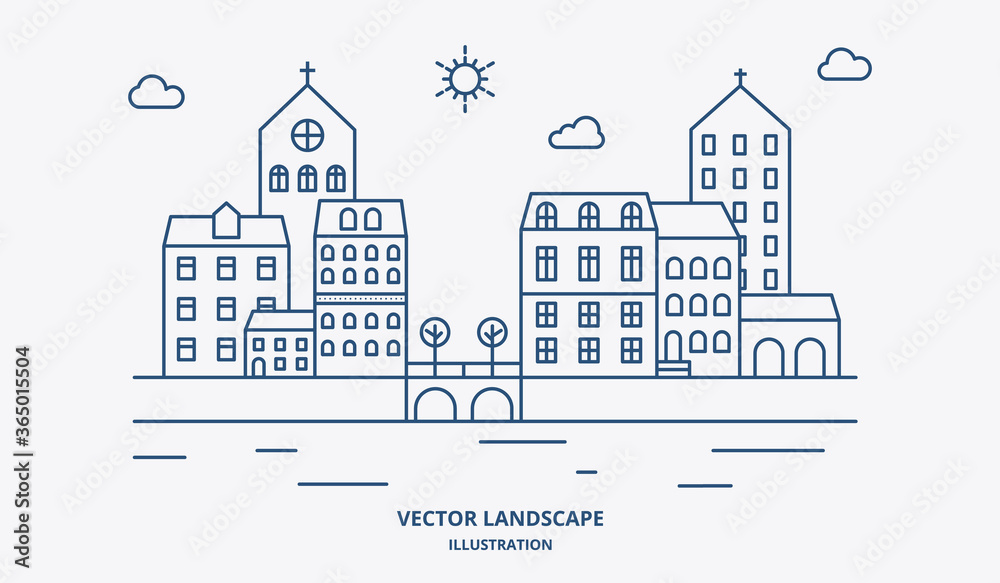 Vector landscape with houses, building, tree, sky. Suburban landscape. Flatline design vector.