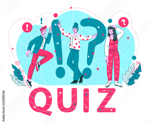 Quiz word and people surrounded with question marks the concept of questionnaire show and question competition banner, exam, interview design vector illustration isolated on white background.