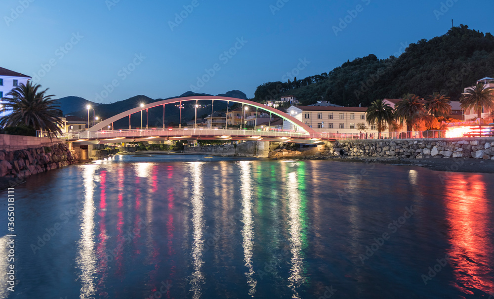 illuminated bridge with  red, white and green lights in Sestri Levante