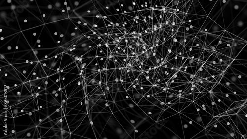 Composition of white dots and lines on a black background. Futuristic curvature of lines. 3D rendering.