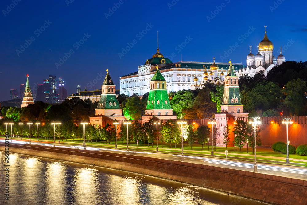Towers and Grand palace of Moscow Kremlin at night, Russia