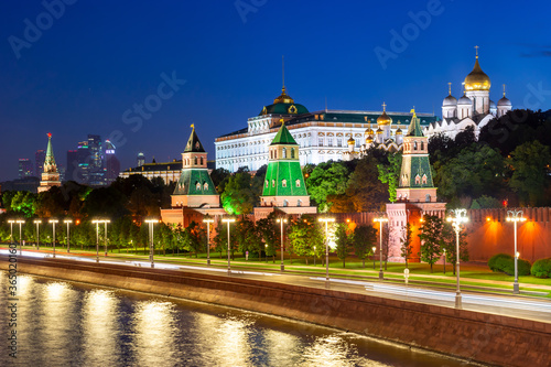 Towers and Grand palace of Moscow Kremlin at night, Russia