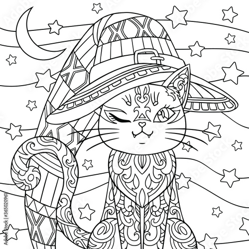 Halloween cat in witcher hat. Kitty on night background with moon and stars. Coloring book page for adult. Cute illustration for textile print, books, poster, cards, invitations. Isolated on white.
