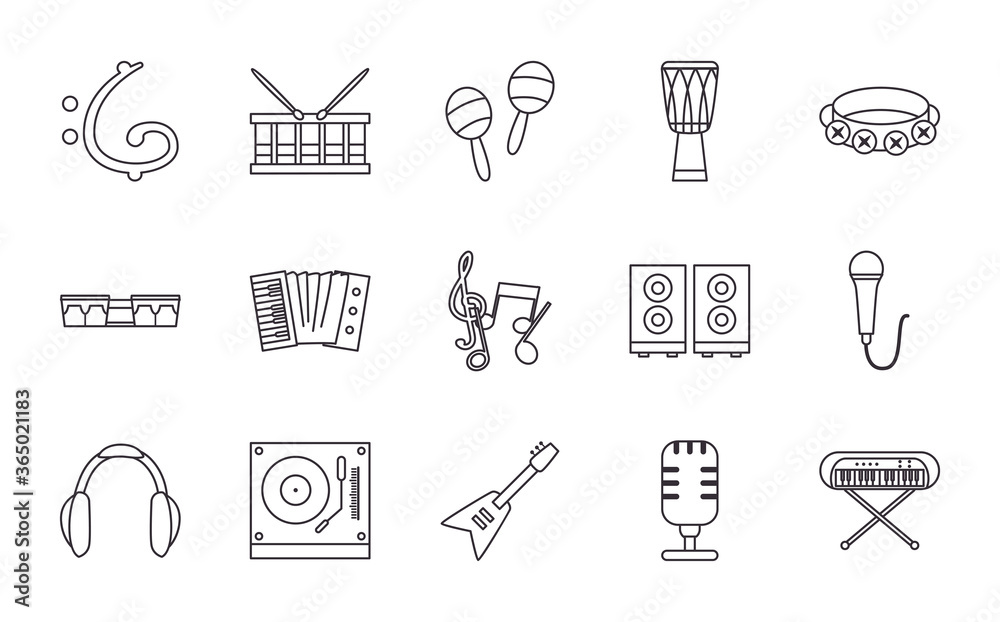 Music instruments line style icon set vector design Music instruments line style icon set vector design