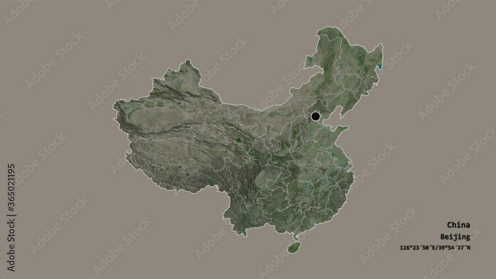 Ningxia Hui, autonomous region of China, with its capital, localized, outlined and zoomed with informative overlays on a satellite map in the Stereographic projection. Animation 3D