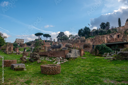 odkopane fragmenty budynków i kolumn na terenie Forum Romanum w Rzymie