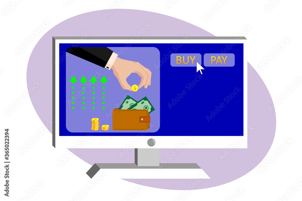 Online payments, money transfers, online purchases. On the monitor screen, a hand in a suit puts a golden dollar in a purse Online payments, money transfers, online purchases. On the monitor screen, a hand in a suit puts a golden dollar in a purse