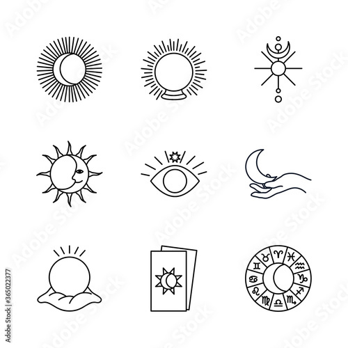 tarot cards and astrology icon set, line style