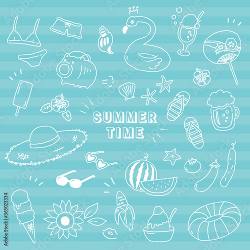 夏の手描きイラストアイコンセット【線画】summer flat illustration vector icon (white line drawing)