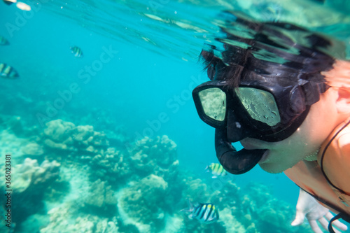 Man scuba diving explore coral and fish in lipe sea © Mumemories