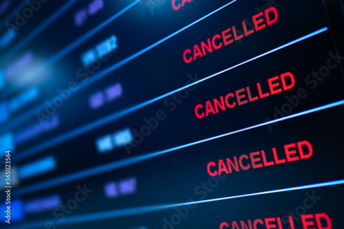 Airport lock down, Flights cancelled on information time table board in airport while coronavirus outbreak pandemic issued around the world