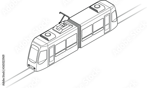 Line drawing of a tram or light rail public transport vehicle. Two-car. Line art.
