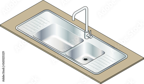 A drop-on double bowl stainless steel kitchen sink with a swivel mixer tap.
