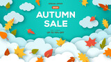 Autumn sale blue background with paper cut clouds and leaves. Shopping sale frame design, promo poster. Vector illustration. Layout template with place for text, leaflet or web banner.