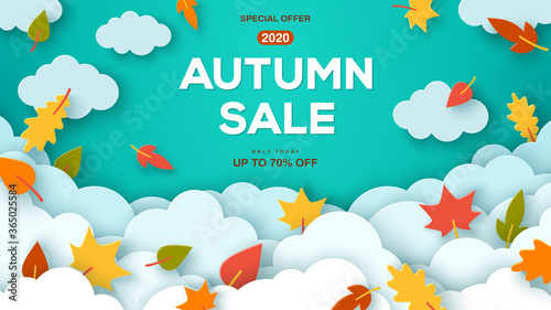 Autumn sale blue background with paper cut clouds and leaves. Shopping sale frame design, promo poster. Vector illustration. Layout template with place for text, leaflet or web banner.
