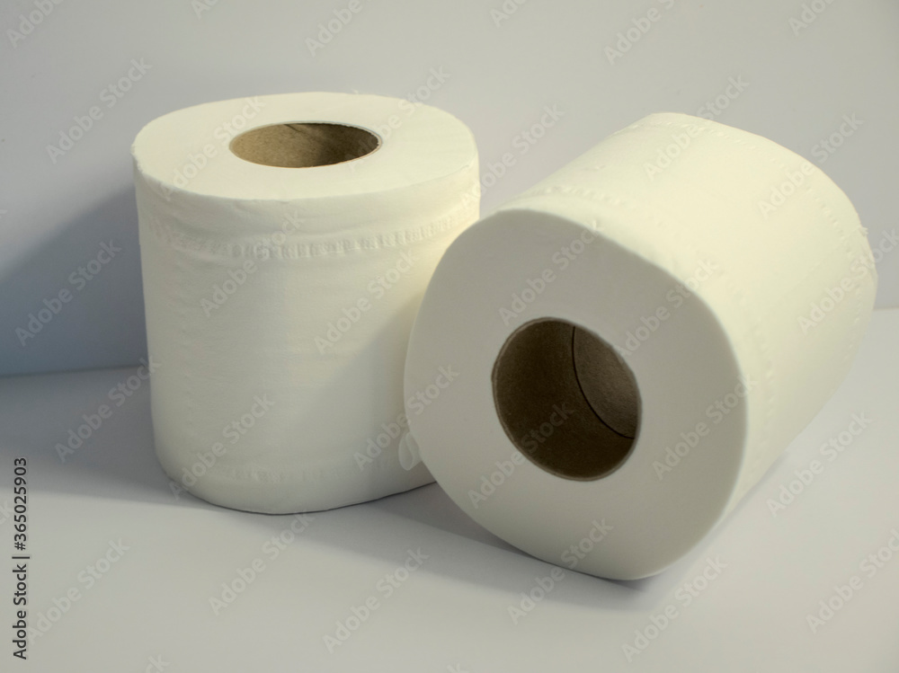 Closeup shot of 2 toilet rolls on white background Closeup shot of 2 toilet rolls on white background