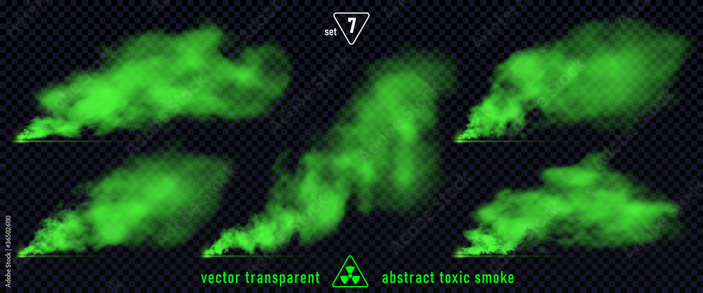 Green smoke set 7 isolated on transparent background. Magic mist cloud, chemical toxic gas, steam waves, realistic set of green bad smell. Realistic illustration. Vector.