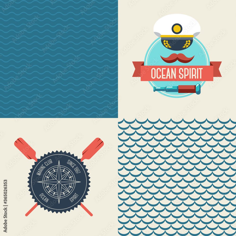 Navy vector seamless patterns set, scallop and waves. Vector ...
