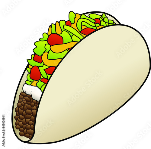 A white taco filled with lettuce, tomato, cheese, sour cream and ground beef.