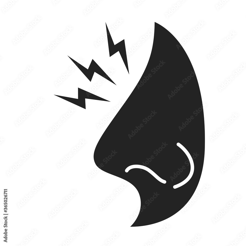 Acute nose pain black glyph icon. Runny nose. Health problem. Sign for web page, mobile app, banner Acute nose pain black glyph icon. Runny nose. Health problem. Sign for web page, mobile app, banner