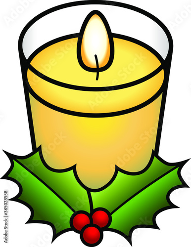 A votive candle in a glass container. With a sprig of holly.