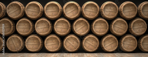 Wine barrels stack on wooden floor, black background. 3d illustration photo