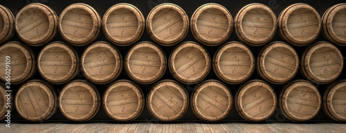 Wine barrels stack on wooden floor, black background. 3d illustration