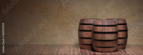 Foto Wooden barrels, wine cellar background, banner, copy space