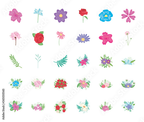 purple flowers and beautiful flowers icon set, detailed style