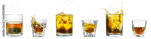 Collage with glasses of whiskey on white background. Banner design