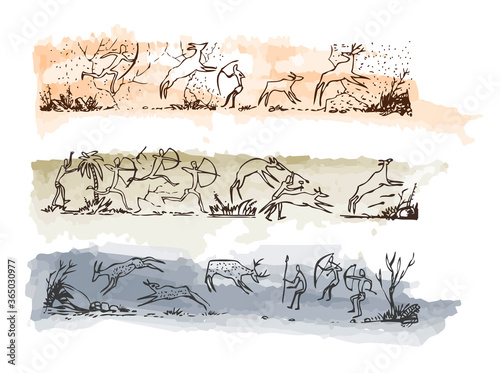 Rock Art of Ancient People. Primitive Painting of the Stone Age. Vector illustration