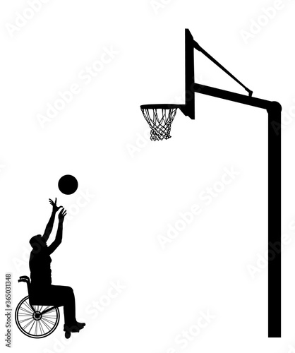 Basketball player in wheelchair vector silhouette isolated. Disabled sportsman competition. Recovery injured man sport activity play basket. Invalid person active life. Health care physical treatment © dovla982