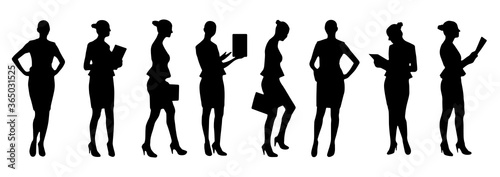 Set of silhouette of businesswoman in different poses. Vector illustration.