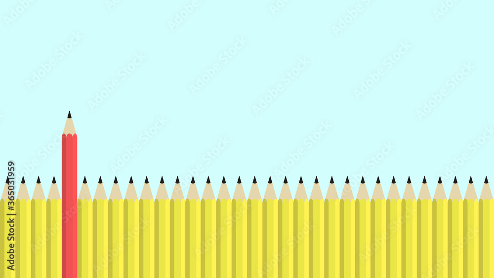 Αυτοκόλλητο Set of yellow pencils lined up, with a sing red pencil sitting higher than the rest