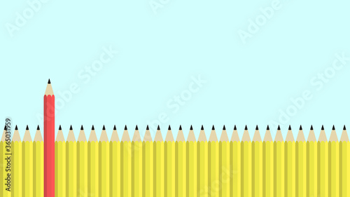 Set of yellow pencils lined up, with a sing red pencil sitting higher than the rest. Concept symbolising standing out from the crowd, leadership, individuality. Background/wallpaper/banner etc. photo