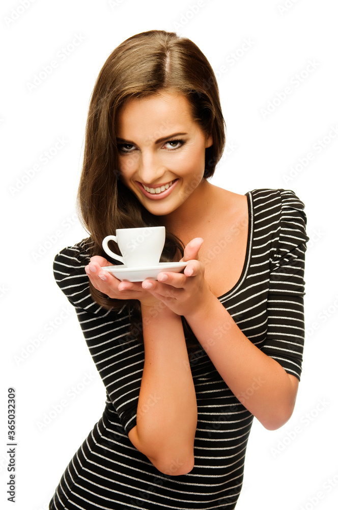 Young woman drinking coffee. Beautiful female relaxing with cup of hot beverage and smelling the aroma. Isolated on white Young woman drinking coffee. Beautiful female relaxing with cup of hot beverage and smelling the aroma. Isolated on white