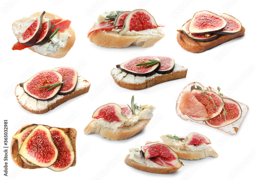 Set of toasted bread with fig slices on white background Set of toasted bread with fig slices on white background