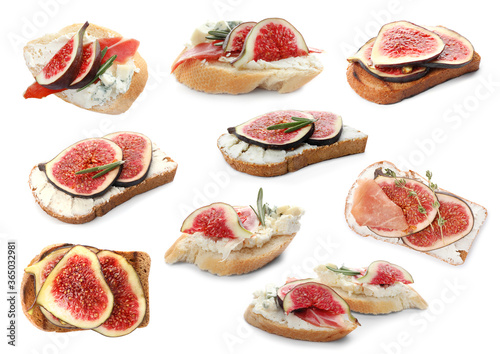 Set of toasted bread with fig slices on white background