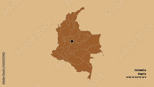 Amazonas, commissiary of Colombia, with its capital, localized, outlined and zoomed with informative overlays on a solid patterned map in the Stereographic projection. Animation 3D photo