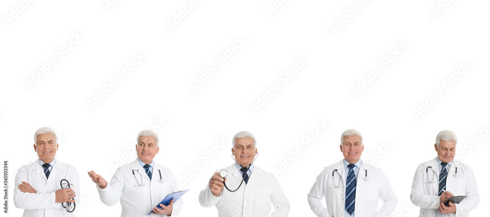 Collage with photos of senior doctor on white background, banner design