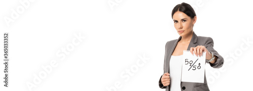 horizontal image of beautiful businesswoman holding paper with fifty-fifty symbols isolated on white, gender equality concept